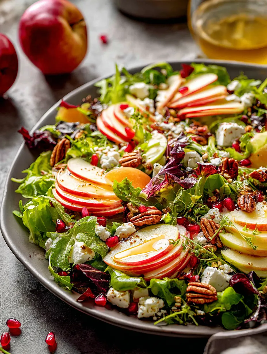 A plate piled with salad, apples, greens, and creamy cheese.