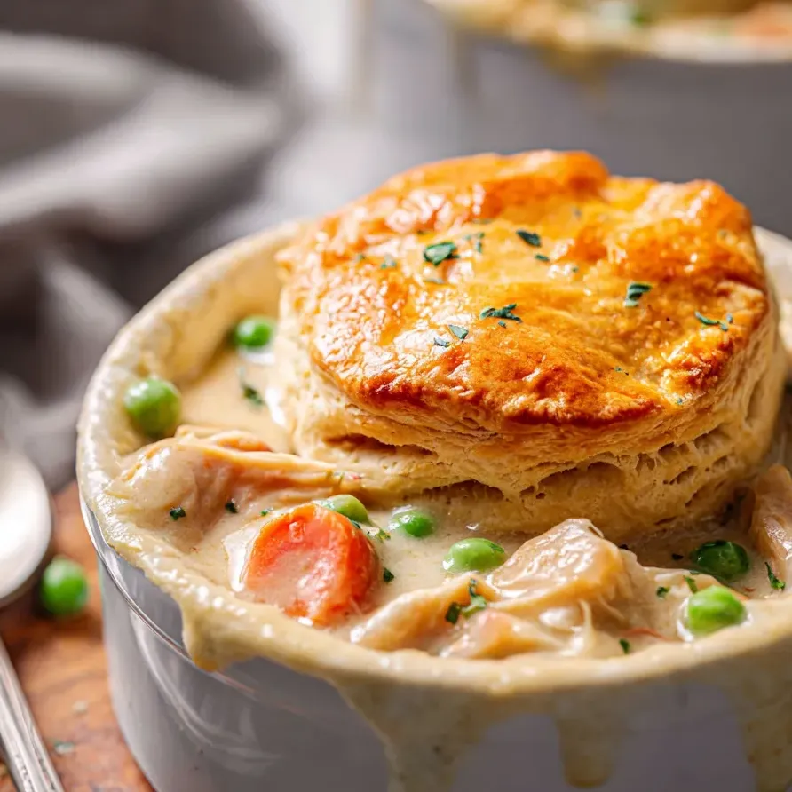 Soup filled bowl topped with a round, golden pastry.