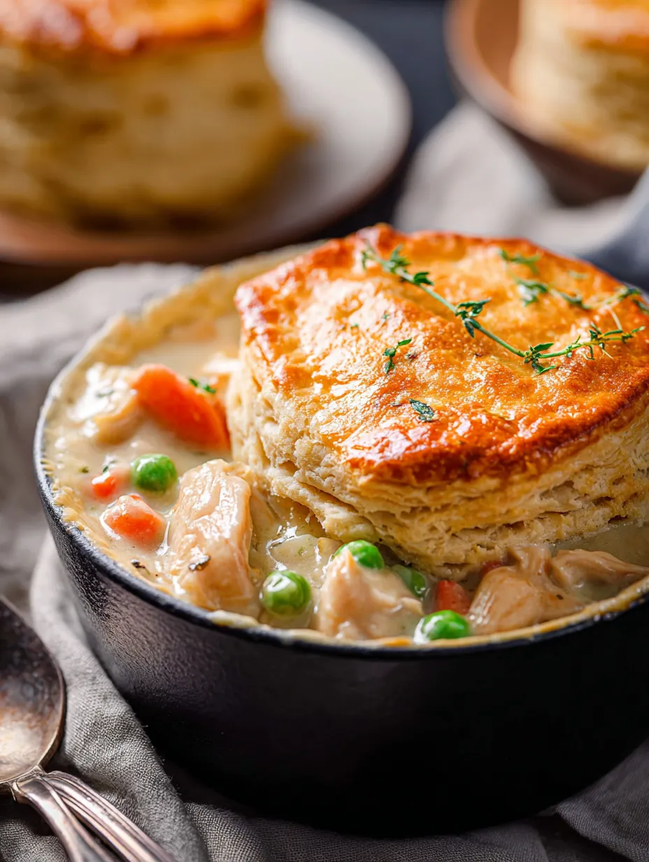 Stew topped with a golden biscuit in a white bowl.