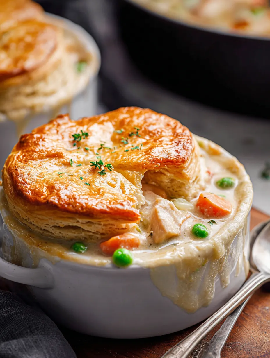 A bowl piled with stew and a flaky biscuit crust.