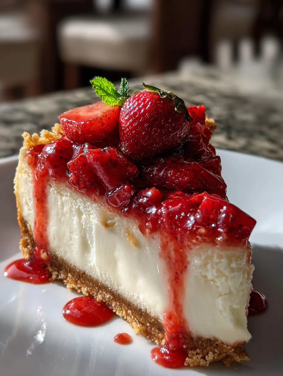 A slice of cheesecake with strawberries on top.