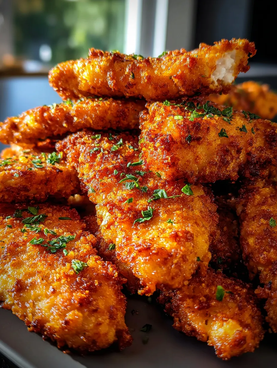 Crispy breaded chicken on a plate.