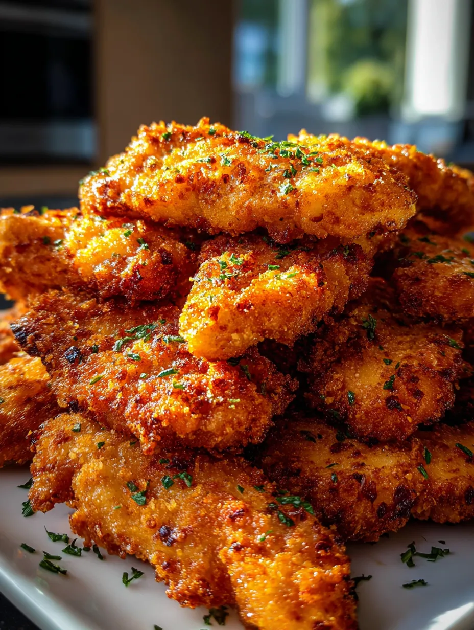A dish of crunchy fried chicken topped with fresh herbs.