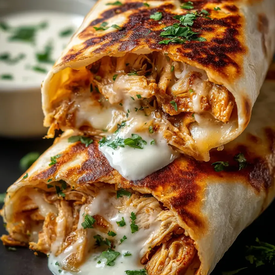 A tortilla wrap filled with chicken and creamy white sauce.