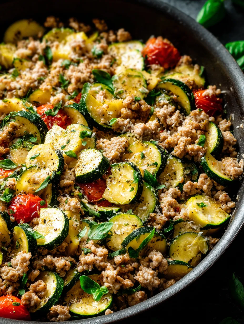 A bowl with zucchini, tomatoes, turkey, and a heap of rice.