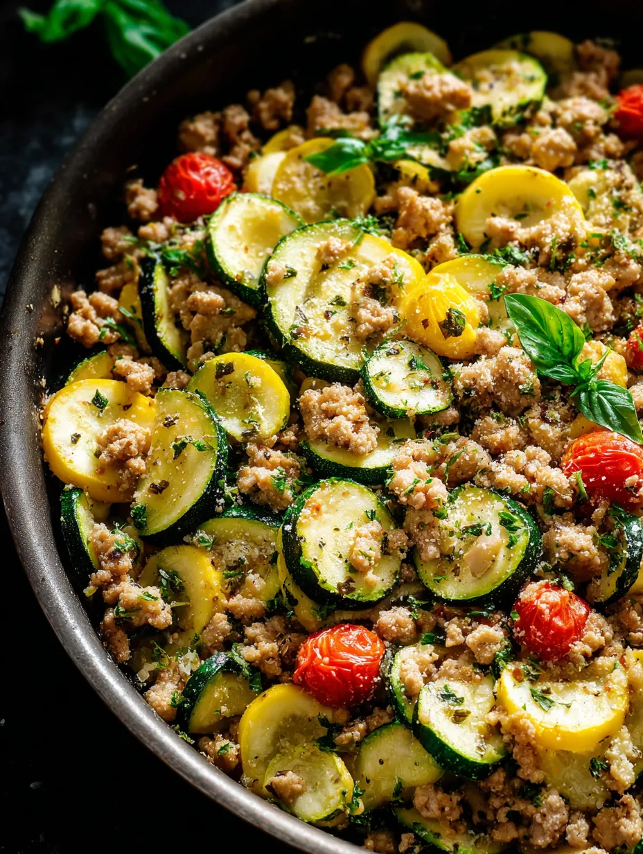 A bowl loaded with zucchini, juicy tomatoes, and turkey.