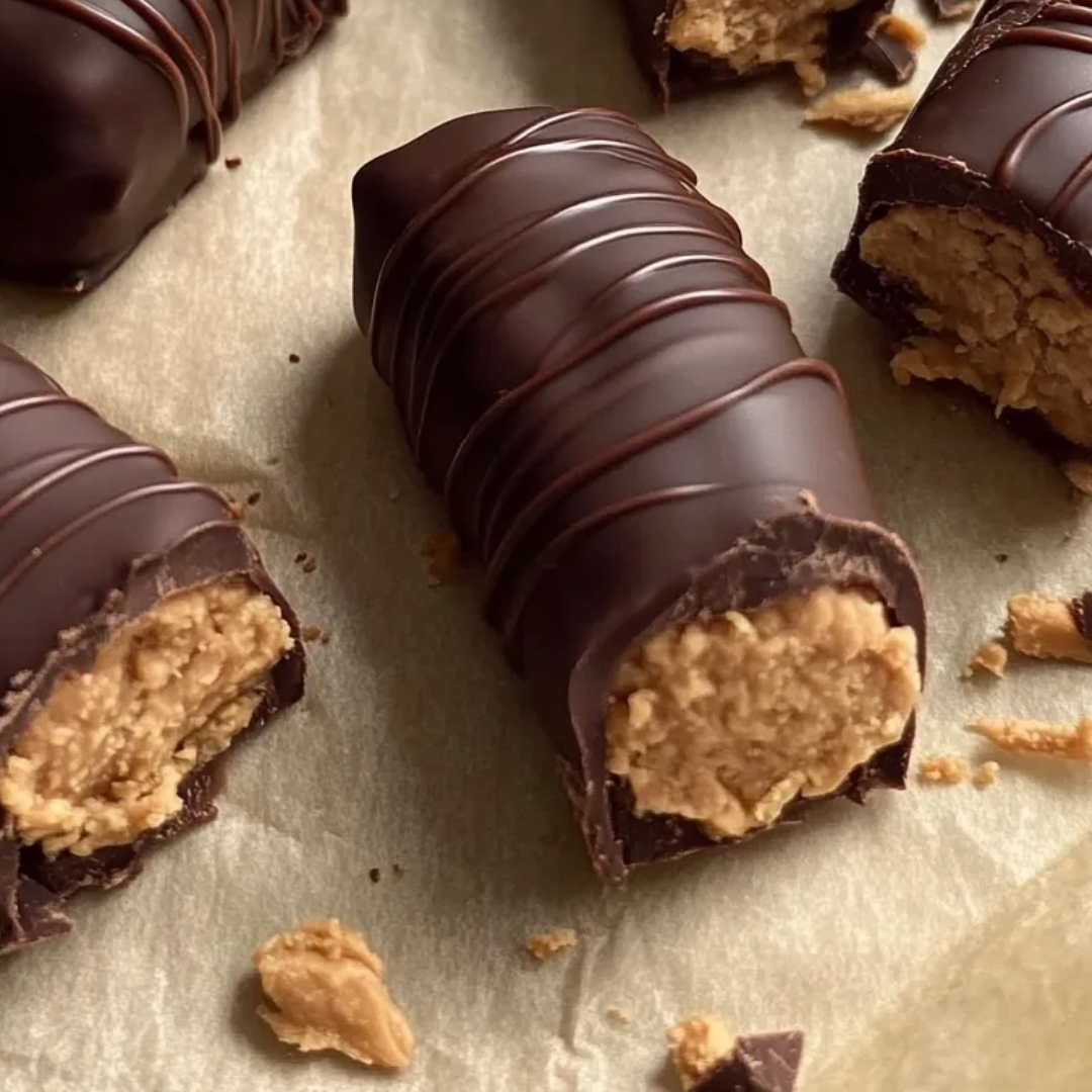 A chocolate candy bar with peanut butter and a crumbly texture.