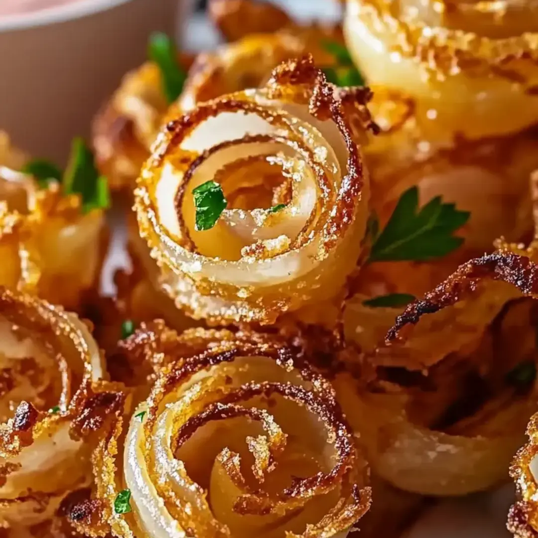 Onion rings with green toppings.