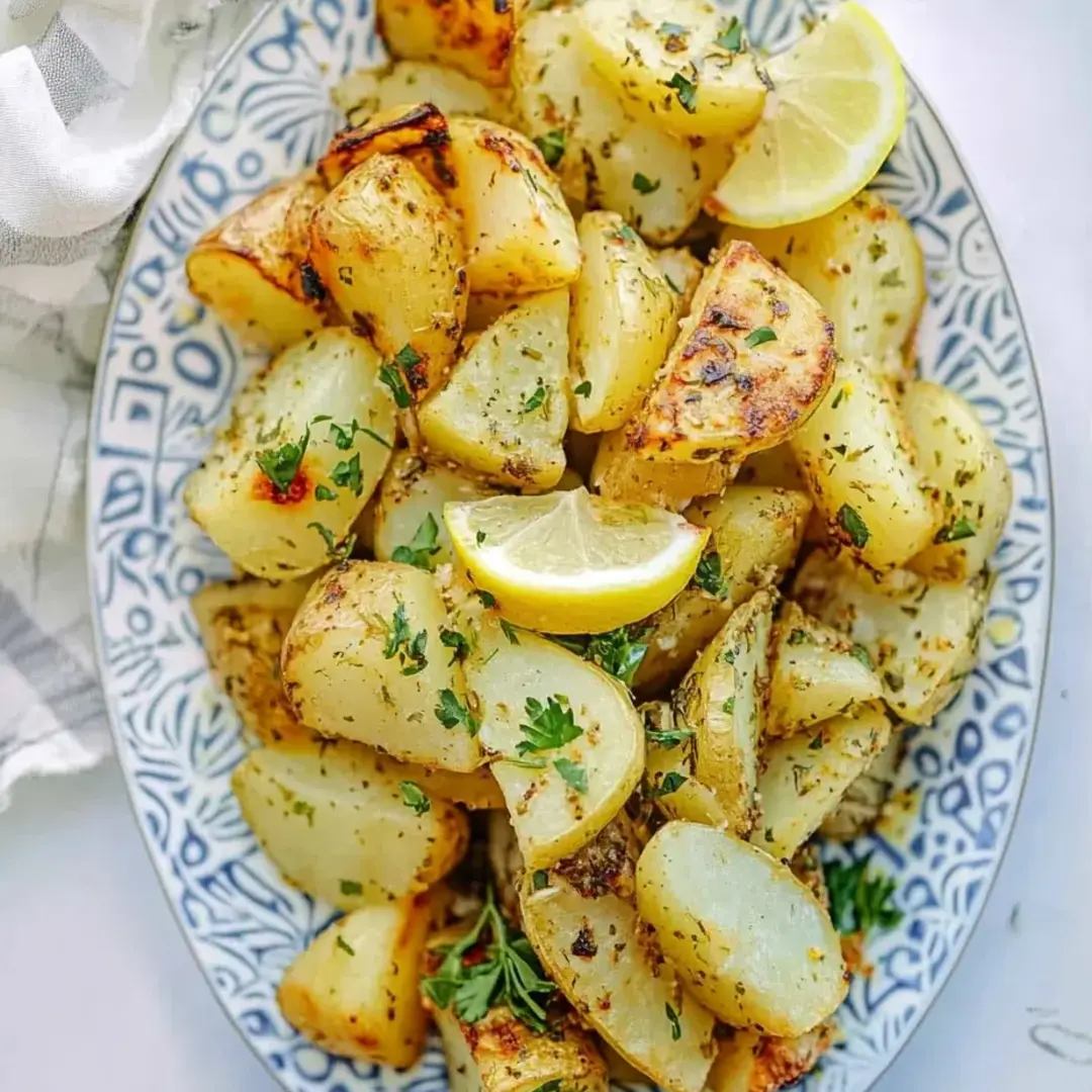 A plate of potatoes with lemon wedges on top.