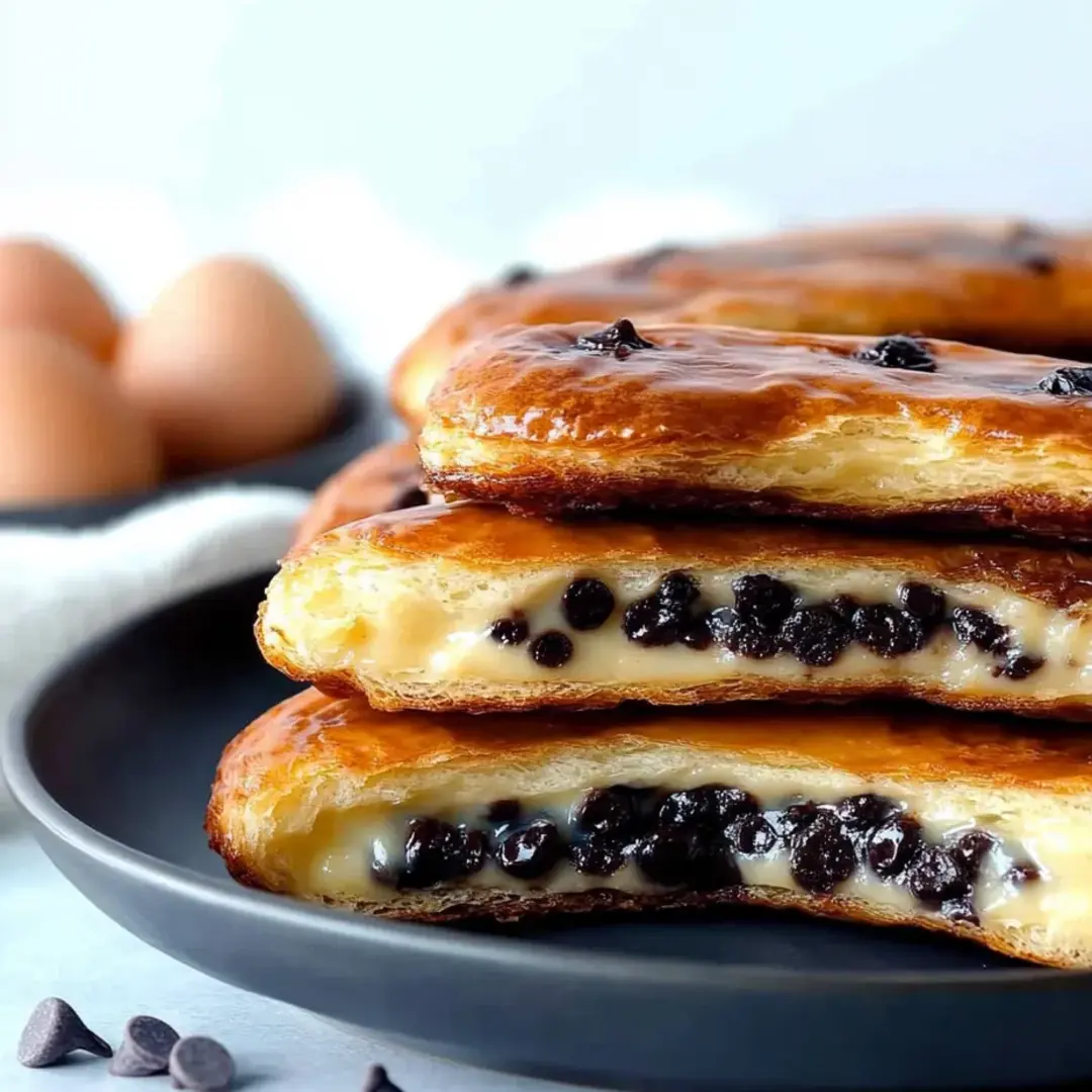 A stack of three chocolate covered pastries.