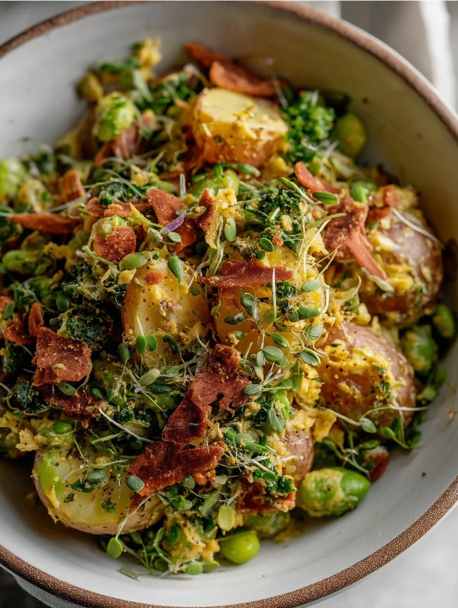 A bowl of food with the words "Lemon Pepper Smashed Potato Salad" written on it.