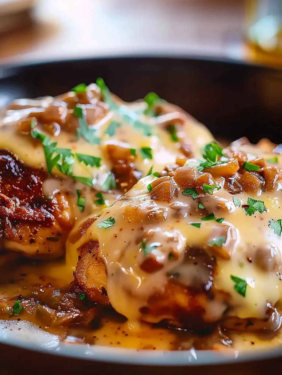 A plate of smothered chicken with onions and cheese.