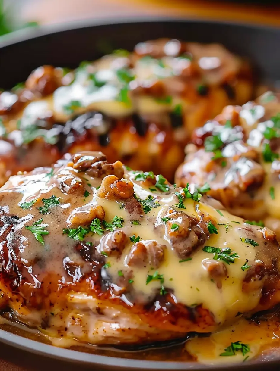 A close up of a delicious Texas Roadhouse Smothered Chicken.