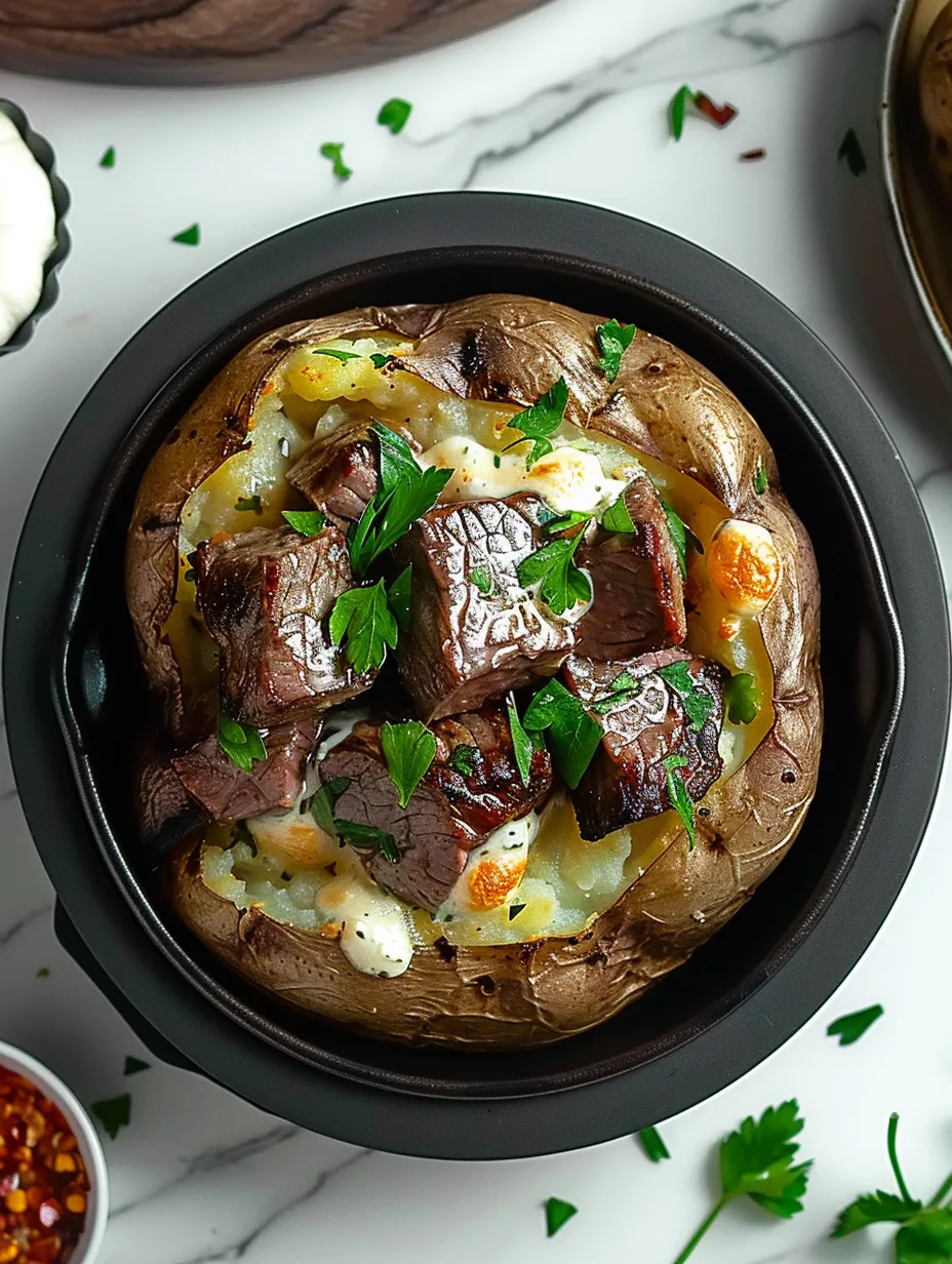 A loaded baked potato with steak bites.