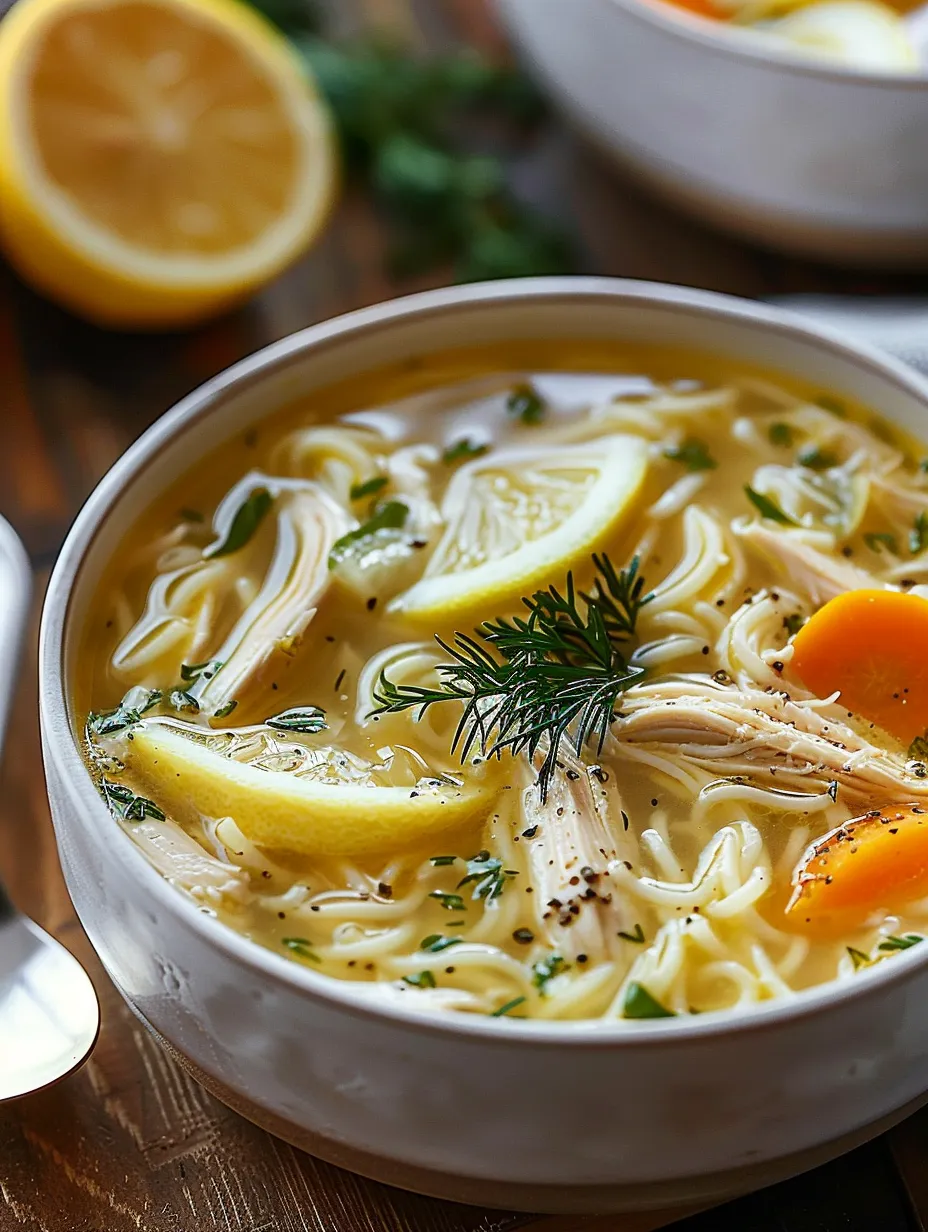 A bowl of soup with lemon and herbs.