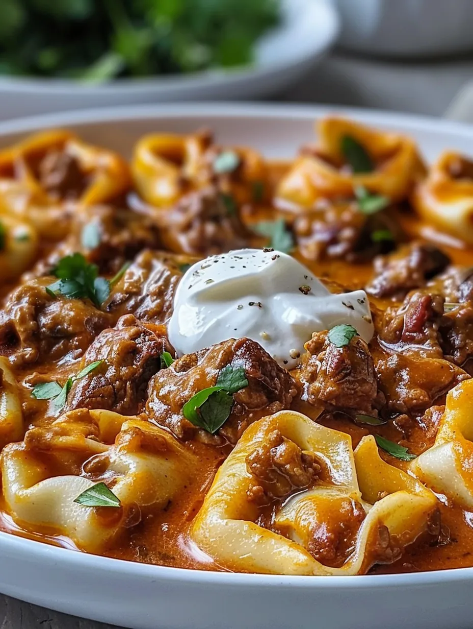 A close up of a delicious cheesy beef enchilada tortellini.