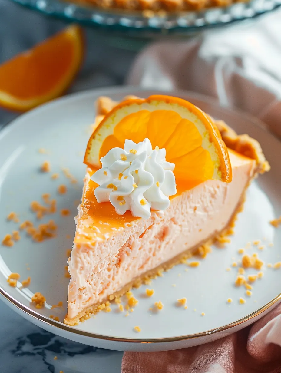 A slice of Jello Creamsicle Pie with a white whipped cream topping.