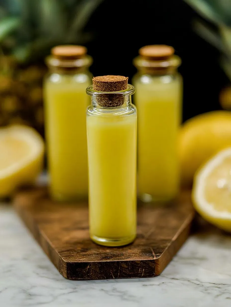 Three bottles of pineapple coconut lemon ginger juice shots.