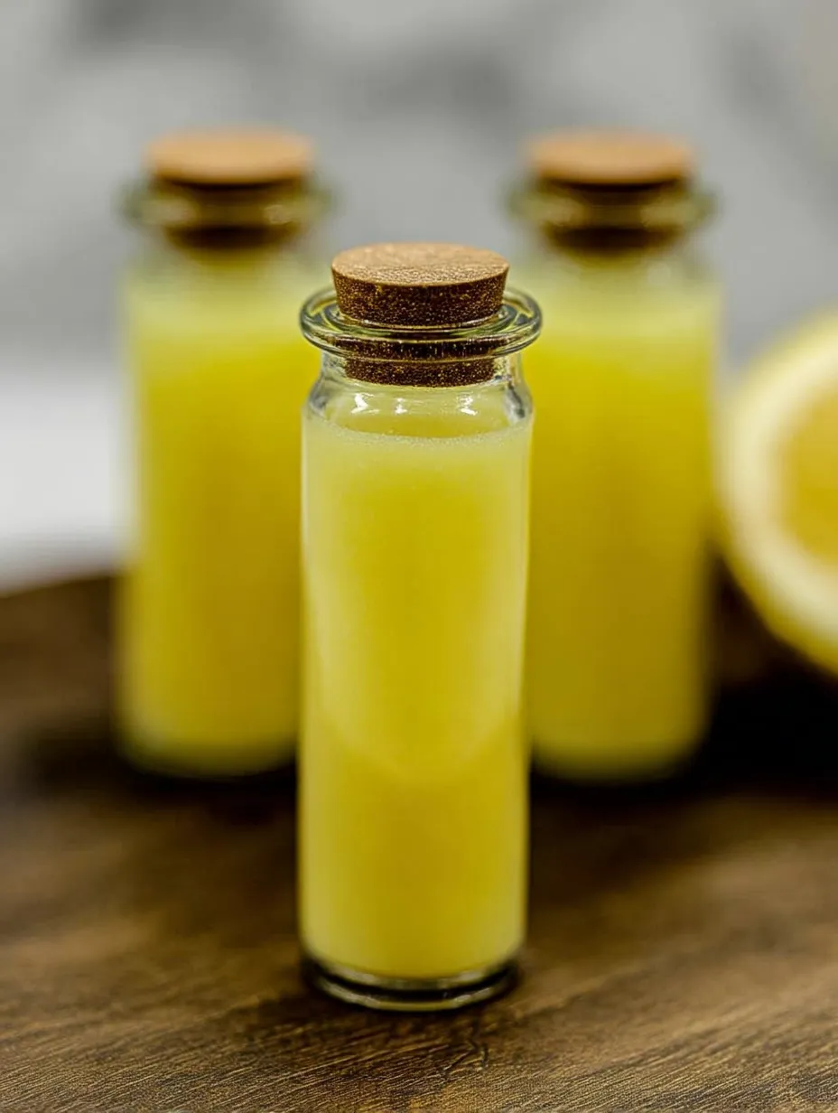Three bottles of pineapple coconut lemon ginger juice wellness shots.