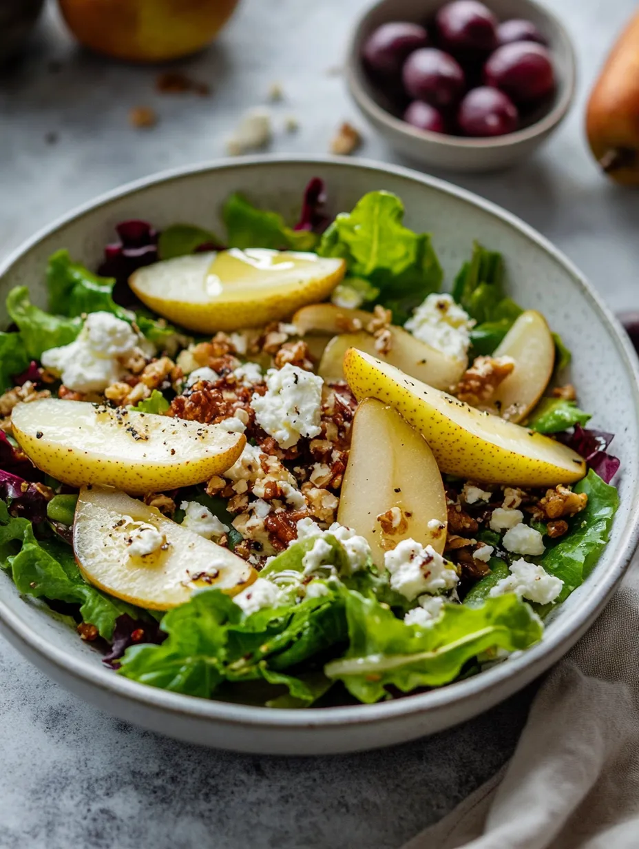 A bowl of salad with pear, feta, and greens.