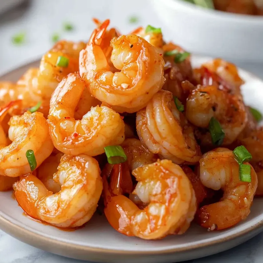 A plate of shrimp with a spicy sauce.