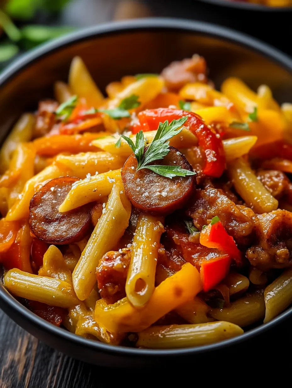 A bowl of pasta with sausage and peppers.