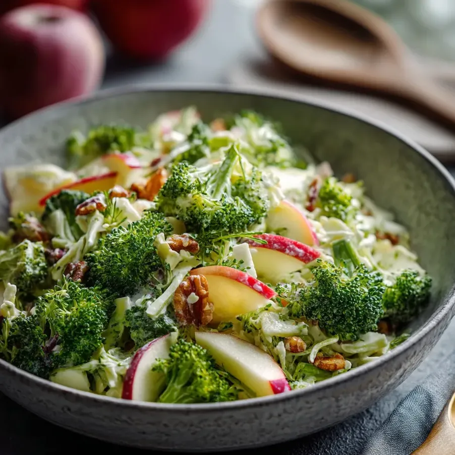 A bowl of broccoli Waldorf salad.