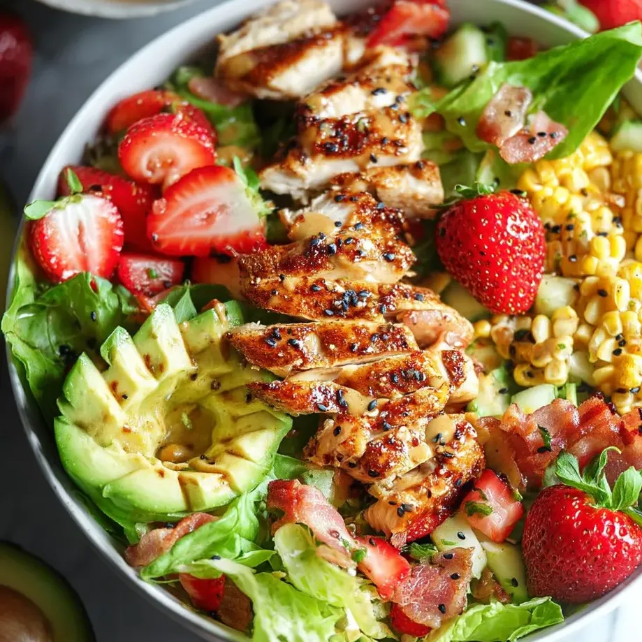 A bowl of chicken salad with strawberries, corn, and lettuce.