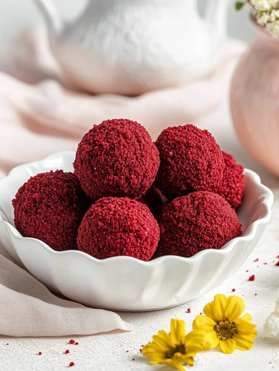 A bowl of red velvet cheesecake bites recipe.
