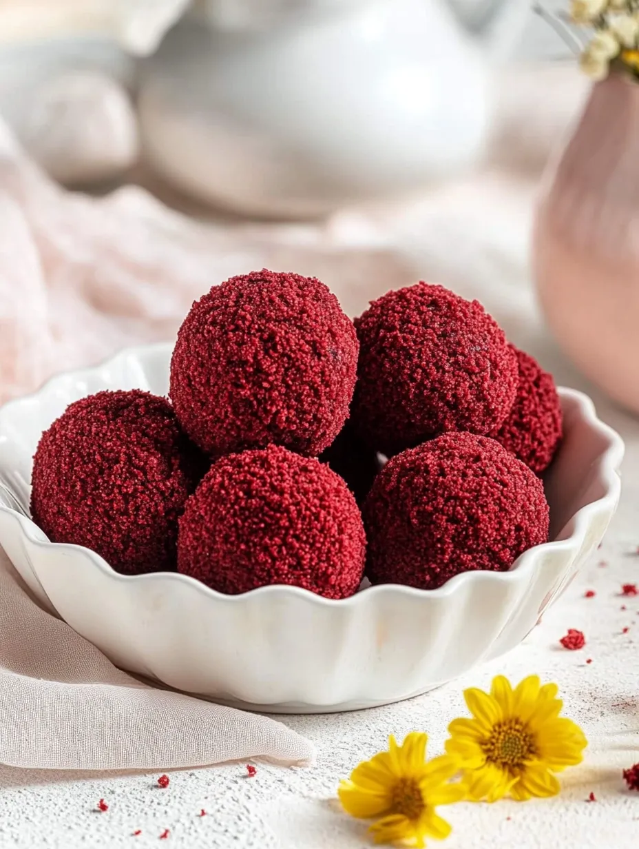 A bowl of red velvet cheesecake bites.