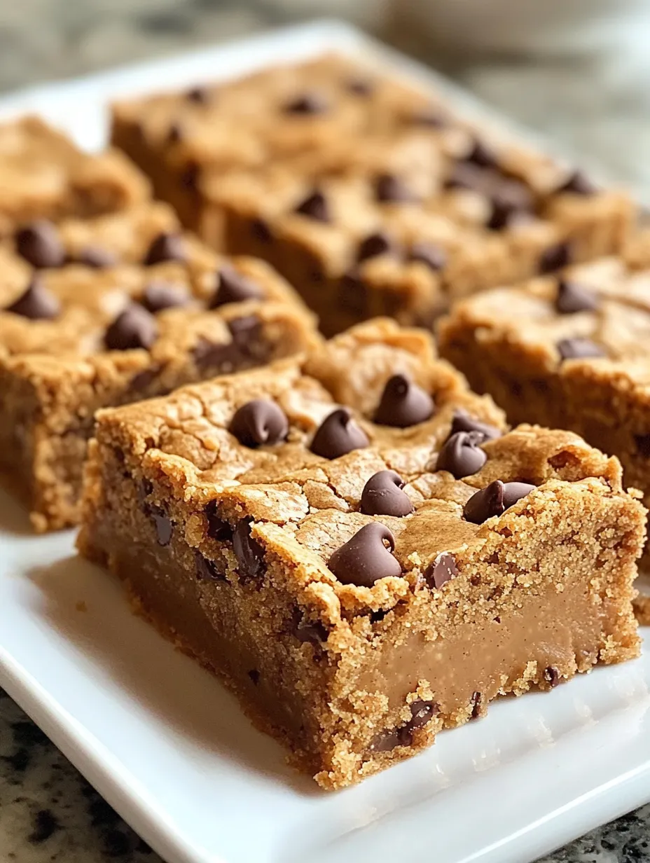 Peanut butter cookie bars on a white plate.