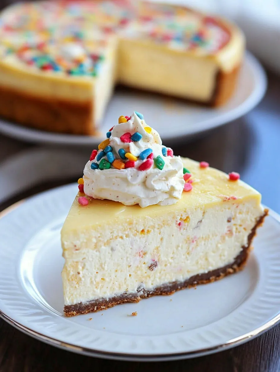 A slice of cake batter cheesecake with a dollop of whipped cream on top.
