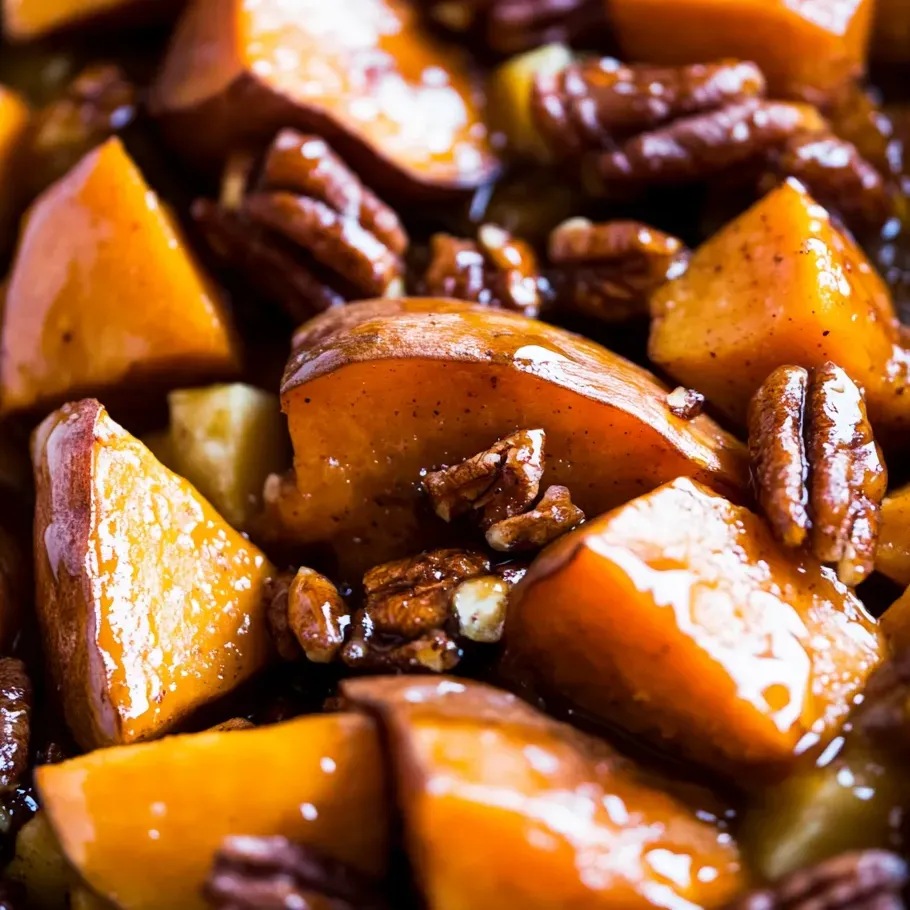 A close up of honey glazed potatoes.