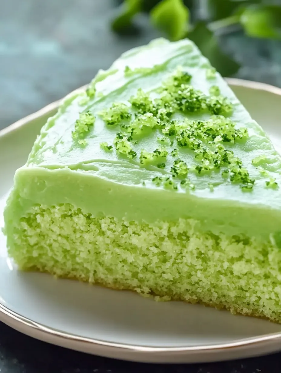 A slice of green cake with lime frosting.