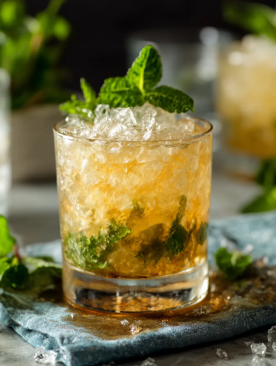 A mint julep in a glass topped with fresh mint.