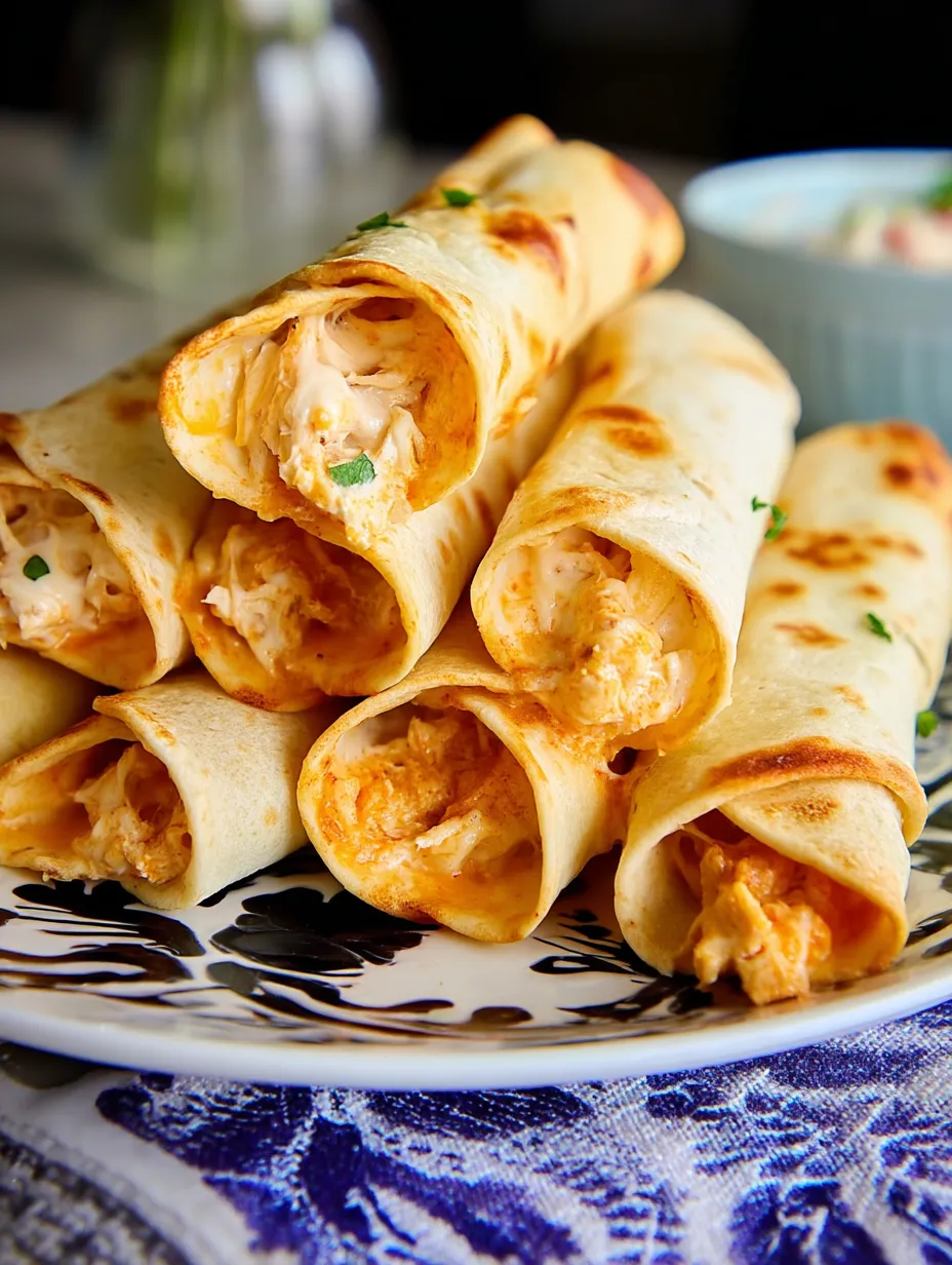 A plate of baked cream cheese chicken taquitos.