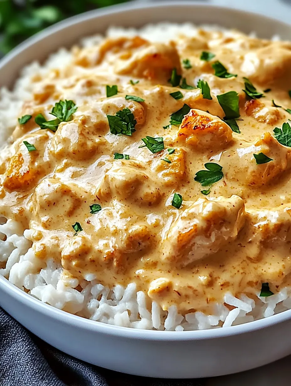 A bowl of rice and chicken with a creamy sauce recipe.