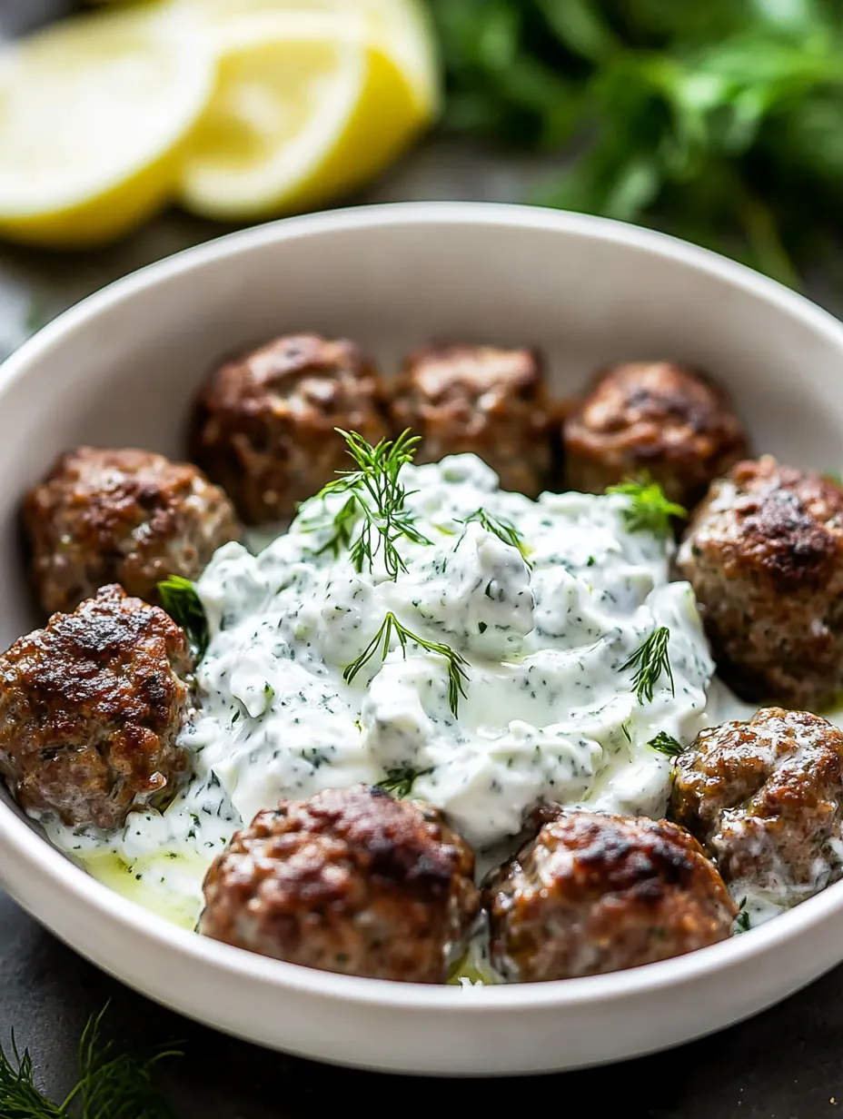A bowl of meatballs with a white sauce.