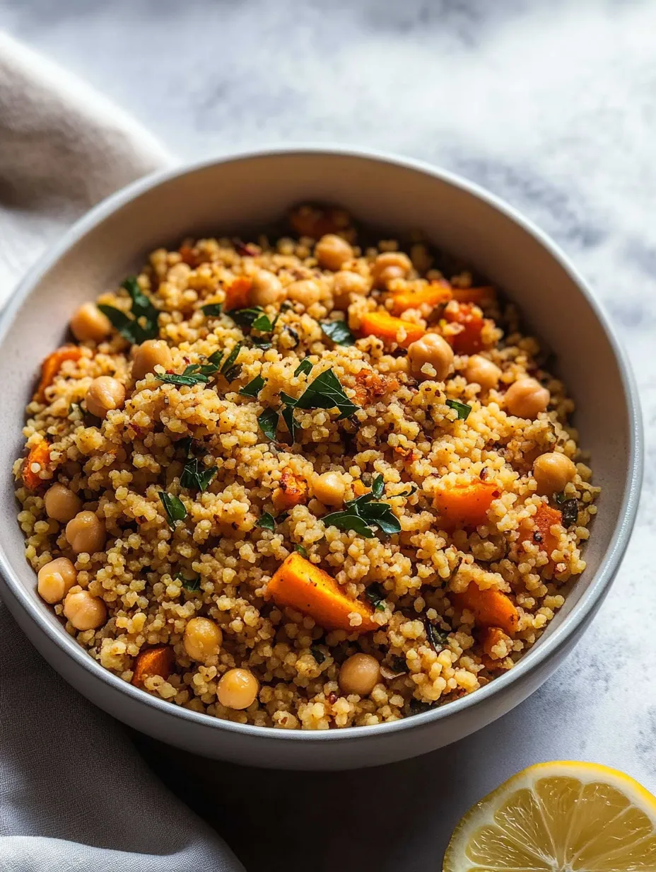 A bowl of Moroccan Couscous Sweet Potato recipe.