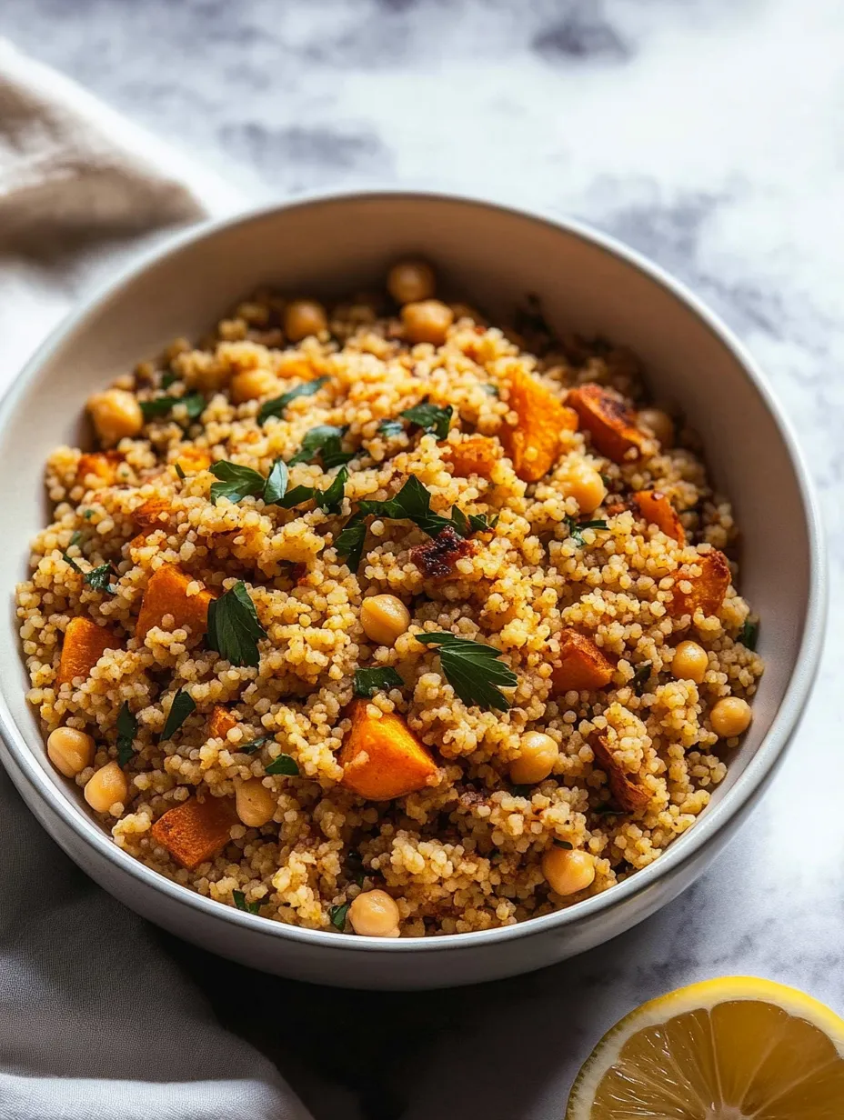 A bowl of Moroccan Couscous Sweet Potato.