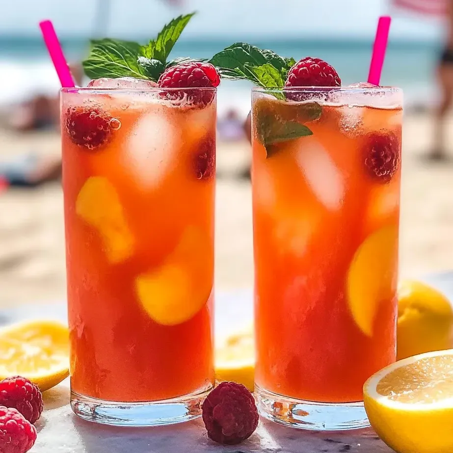 Two glasses of Raspberry Peach Lemonade on a table.