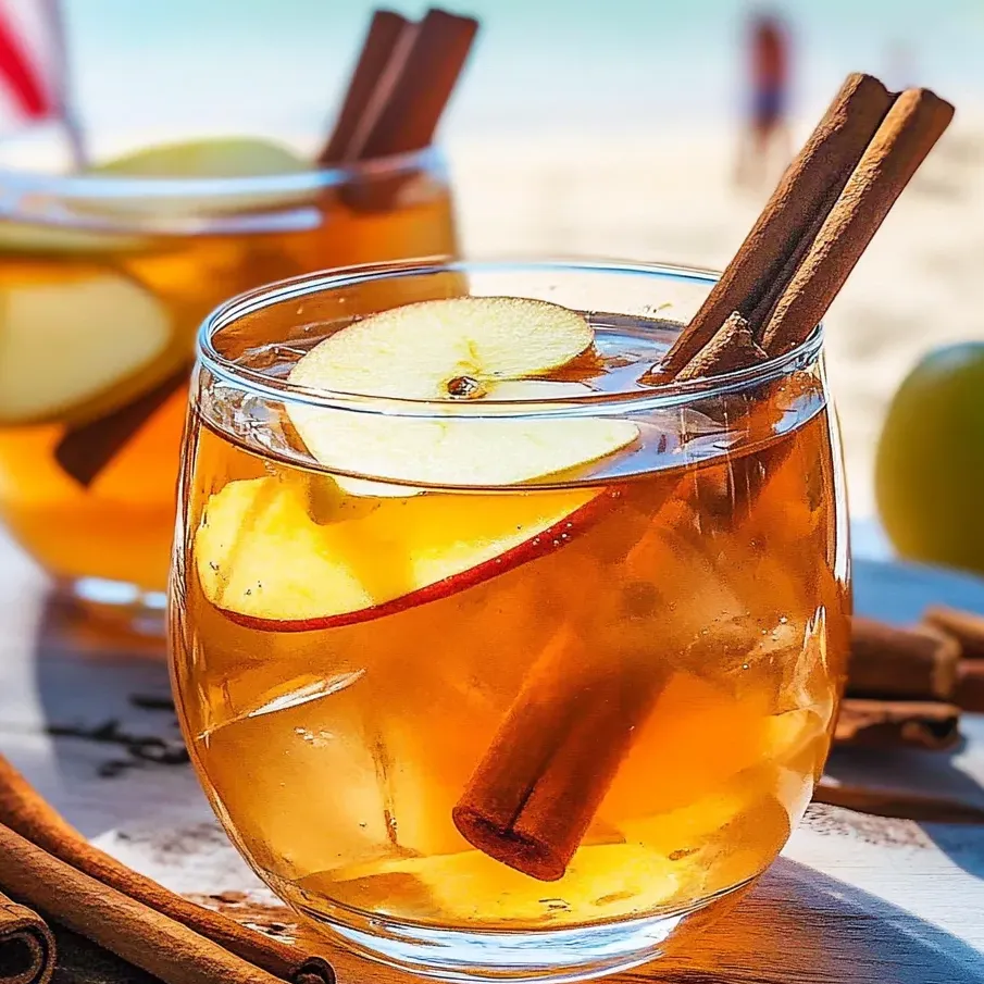 A glass of apple cinnamon tea with a cinnamon stick in it.