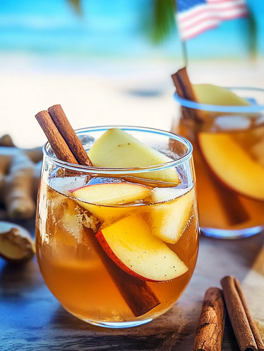 An icy glass of apple cinnamon tea with a cinnamon stick garnish.