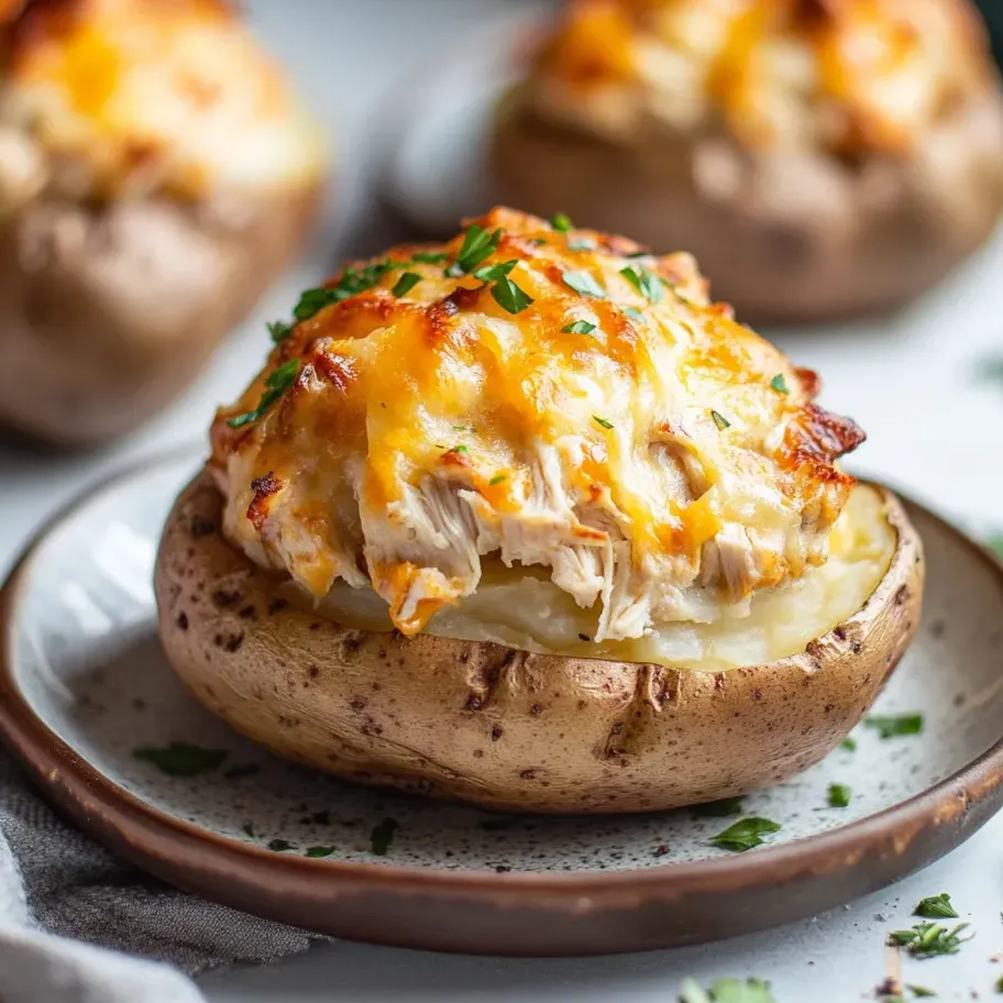 A plate of food with a baked potato with chicken and cheese on top.