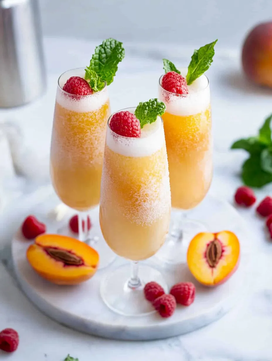 Three glasses of peach bellini mocktail.