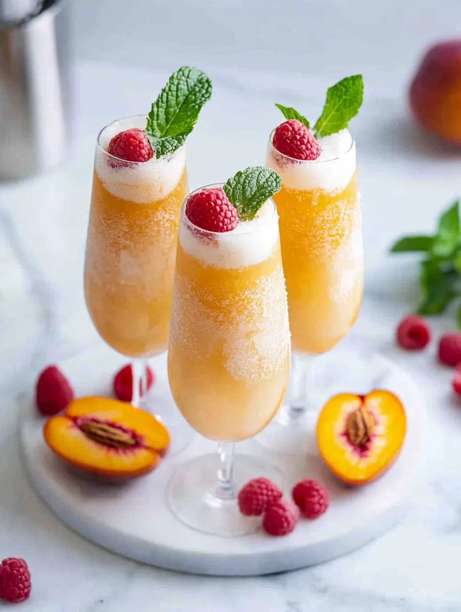 Three glasses of peach bellini mocktail.