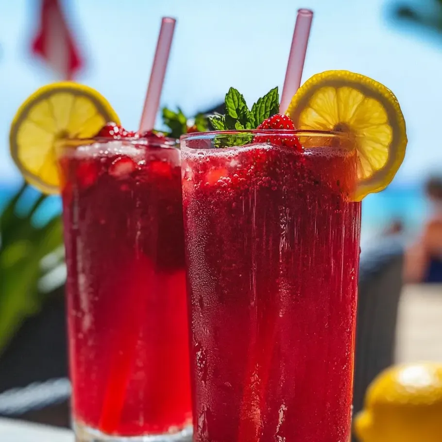 Two glasses of strawberry lemonade with lemon slices.