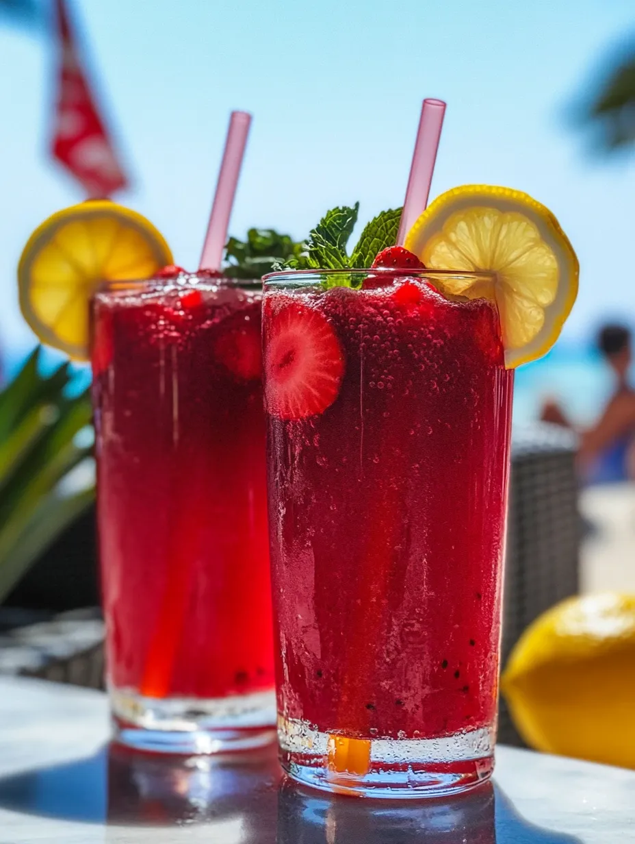Two glasses of hibiscus tea with strawberries and lemonade.