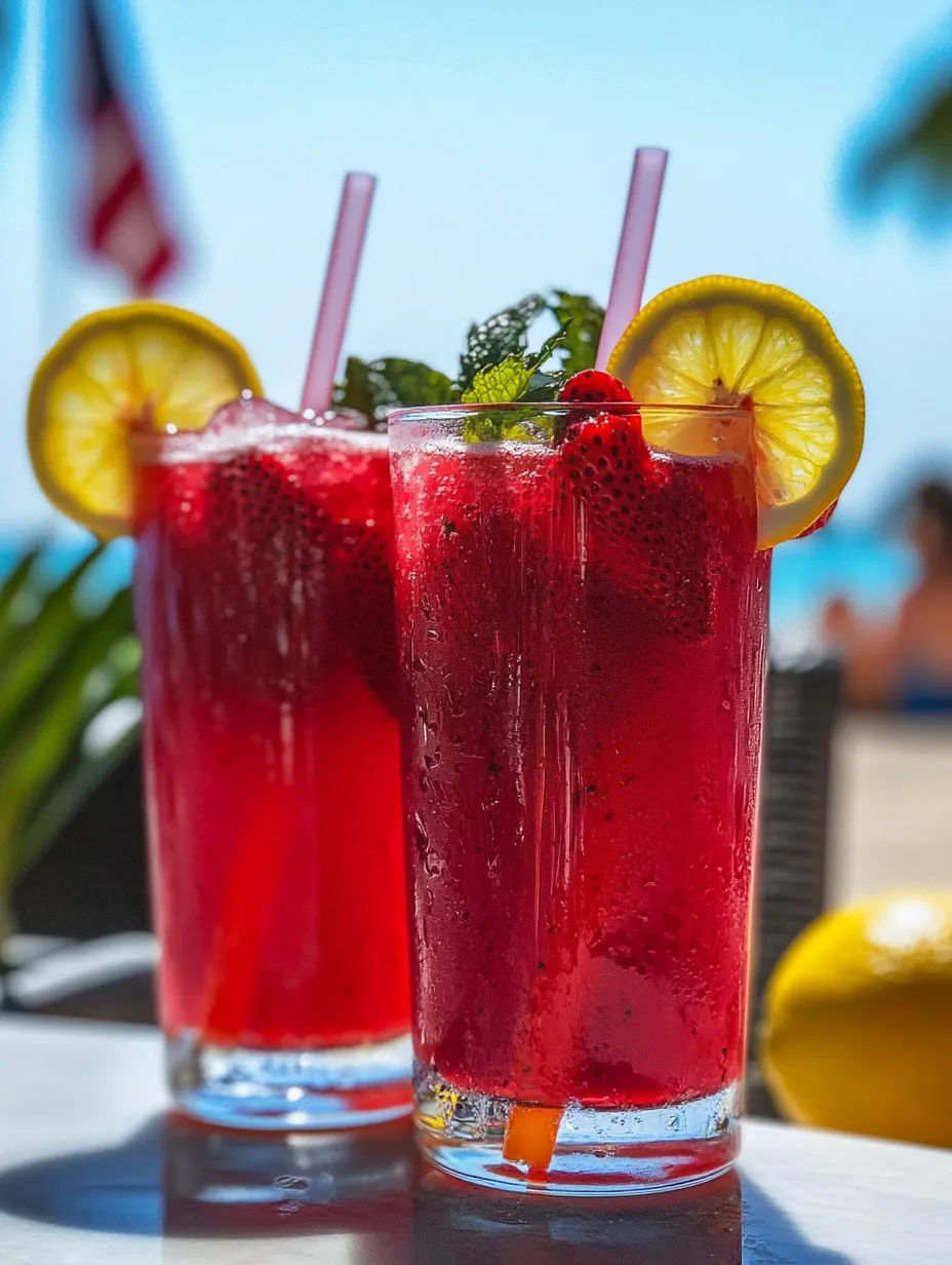 Two glasses of strawberry lemonade with pink and red drinks.