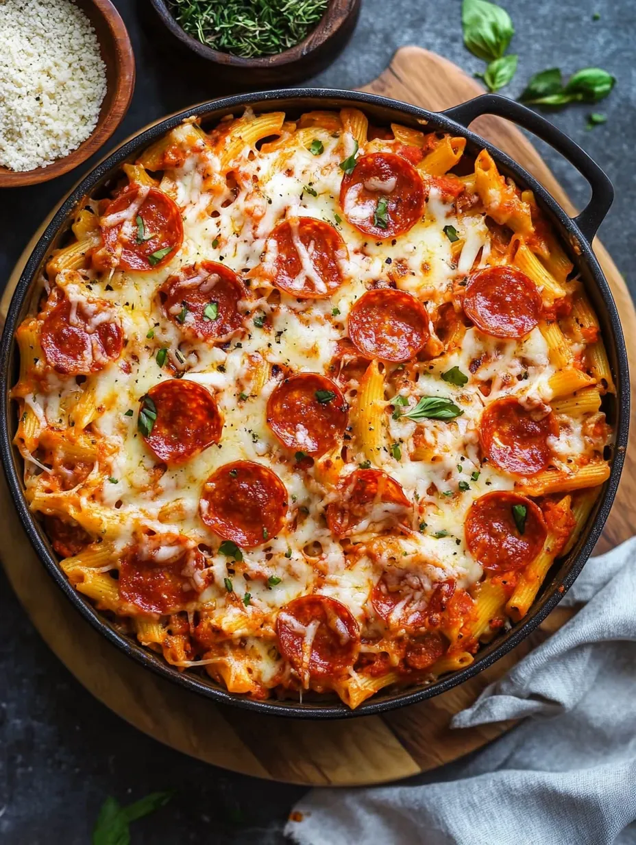 A bowl of pasta with pepperoni and cheese.